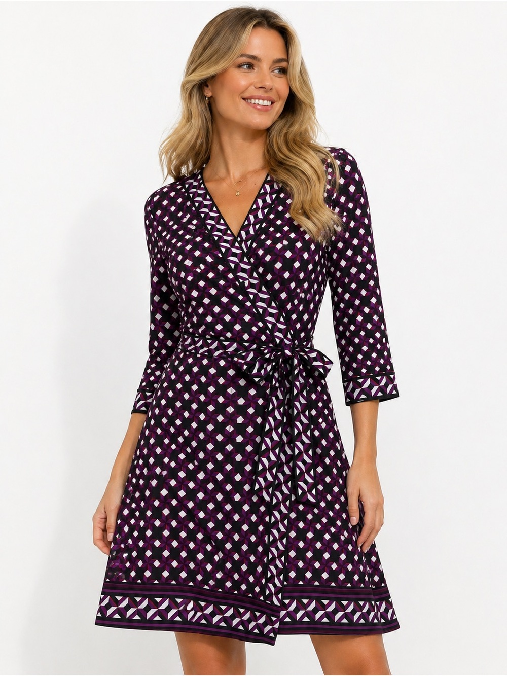 White House Black Market Purple and White Geometric Wrap Top